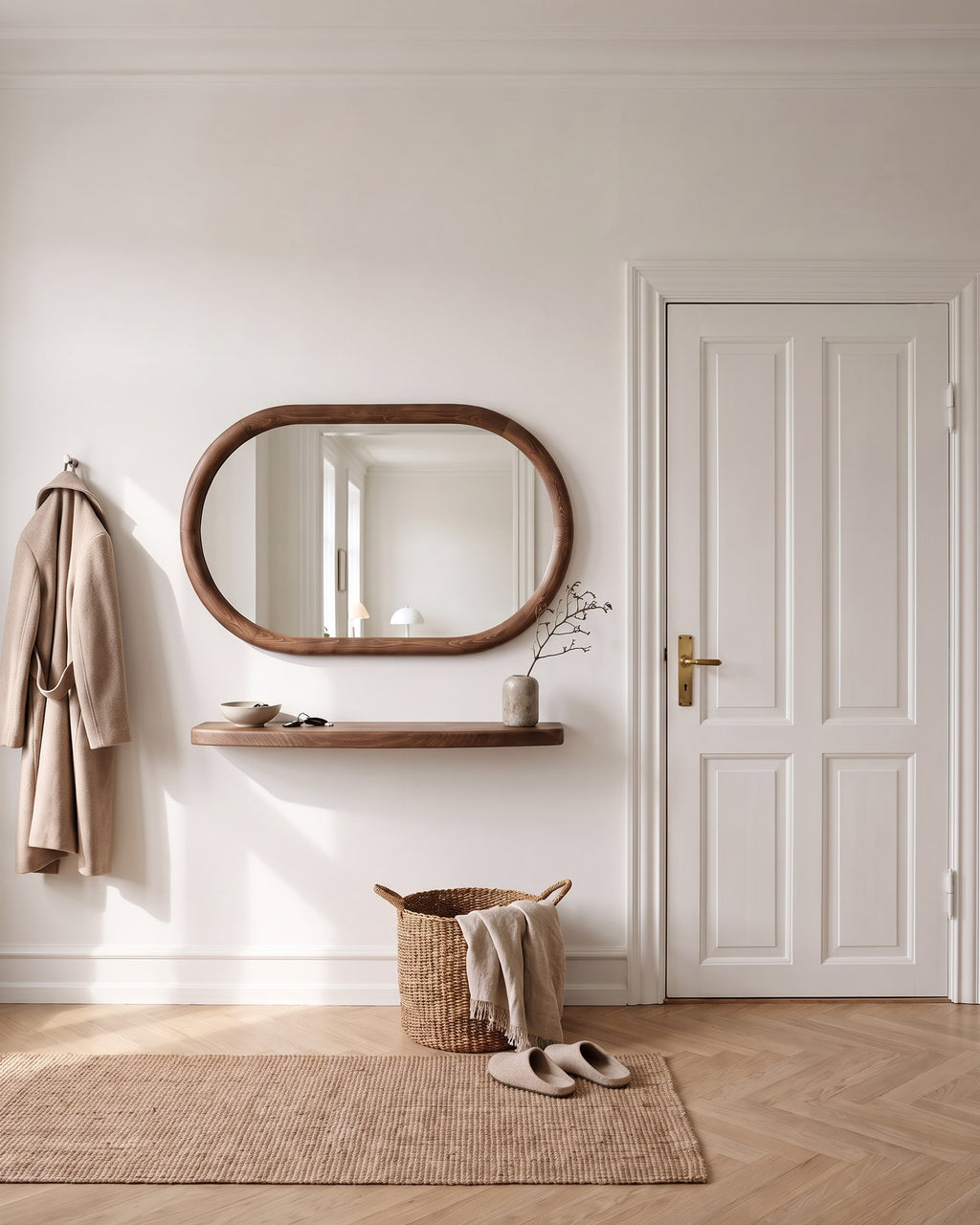 Specchio ovale Livia 110 × 70 cm con mensola sospesa color noce in un ingresso, chiavi in una ciotola, cappotto appeso e panca in rovere