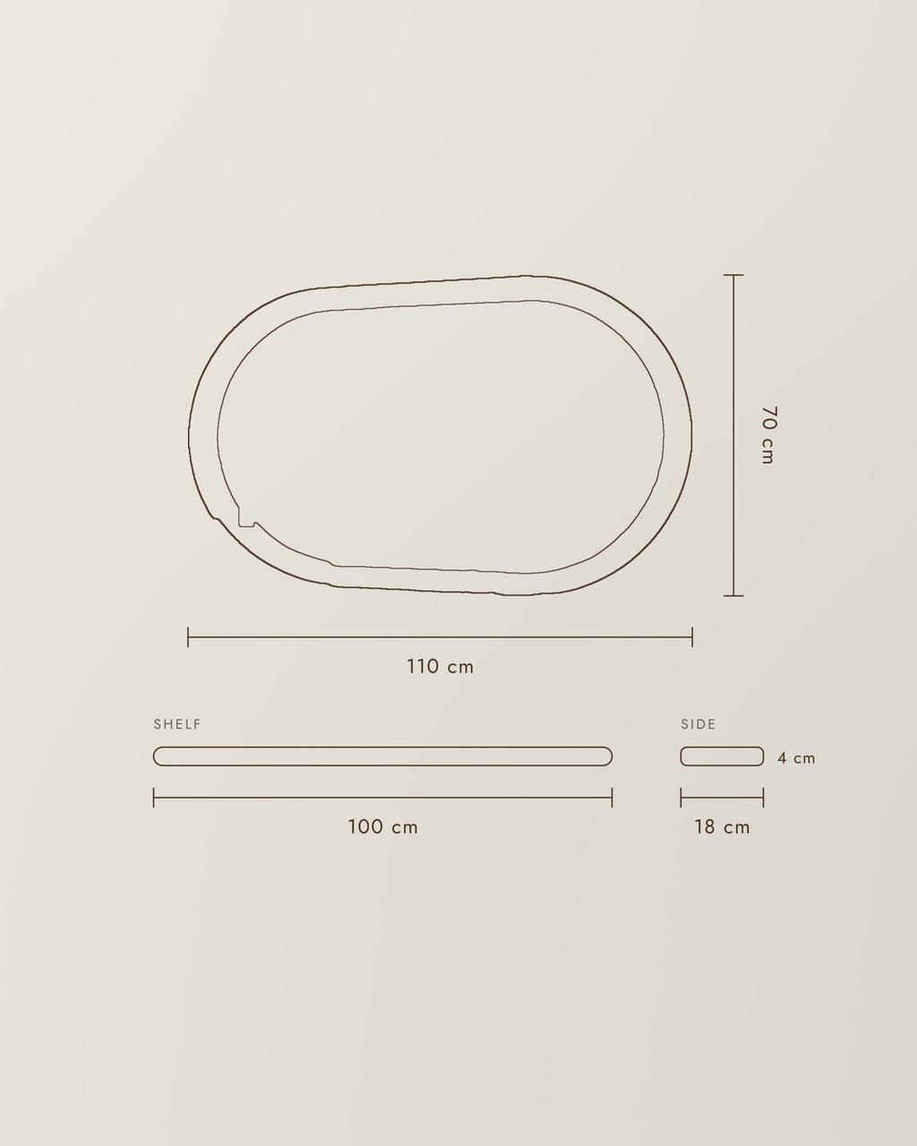 Specchio Livia con mensola | 110 × 70 cm – disegno con le dimensioni