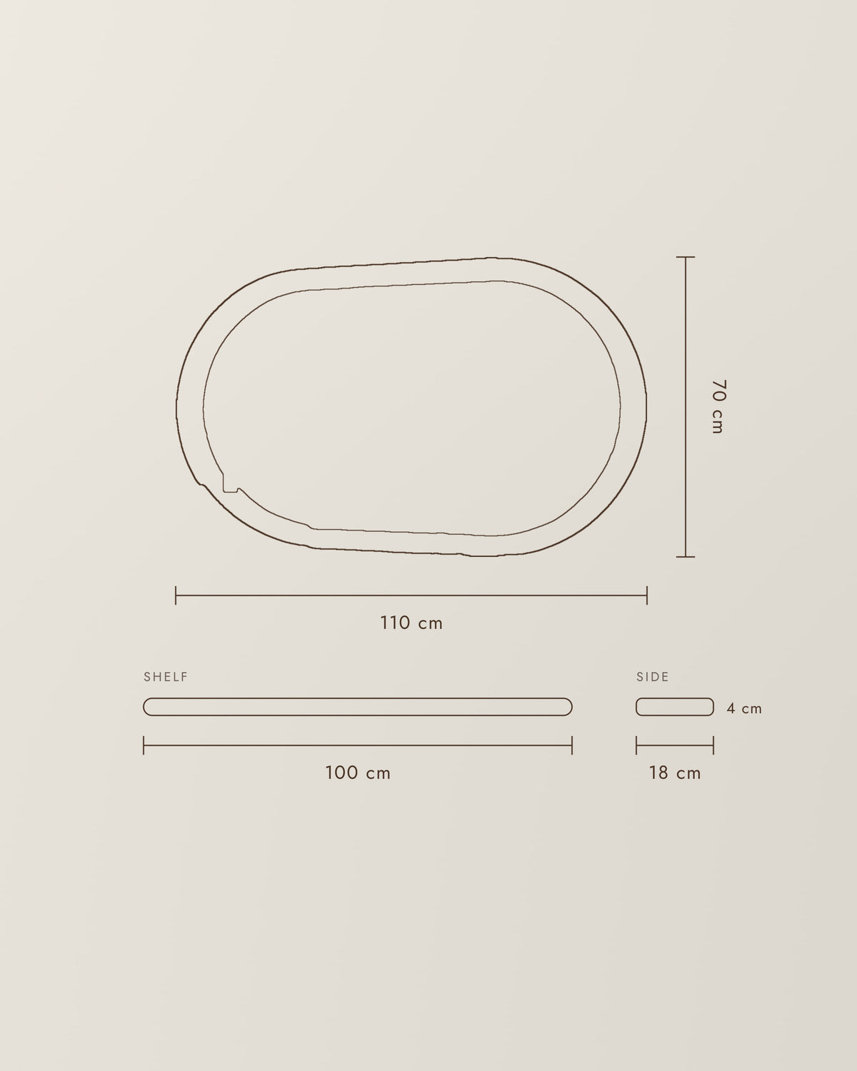 Specchio Livia con mensola | 110 × 70 cm – disegno con le dimensioni