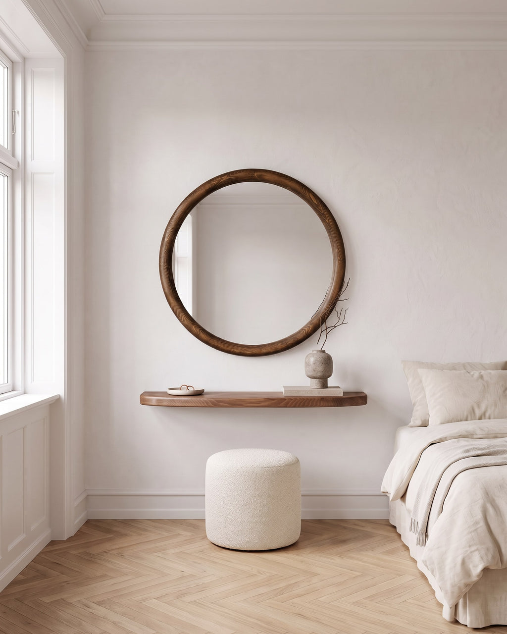 Mira round mirror with floating shelf used as a small vanity in a calm bedroom