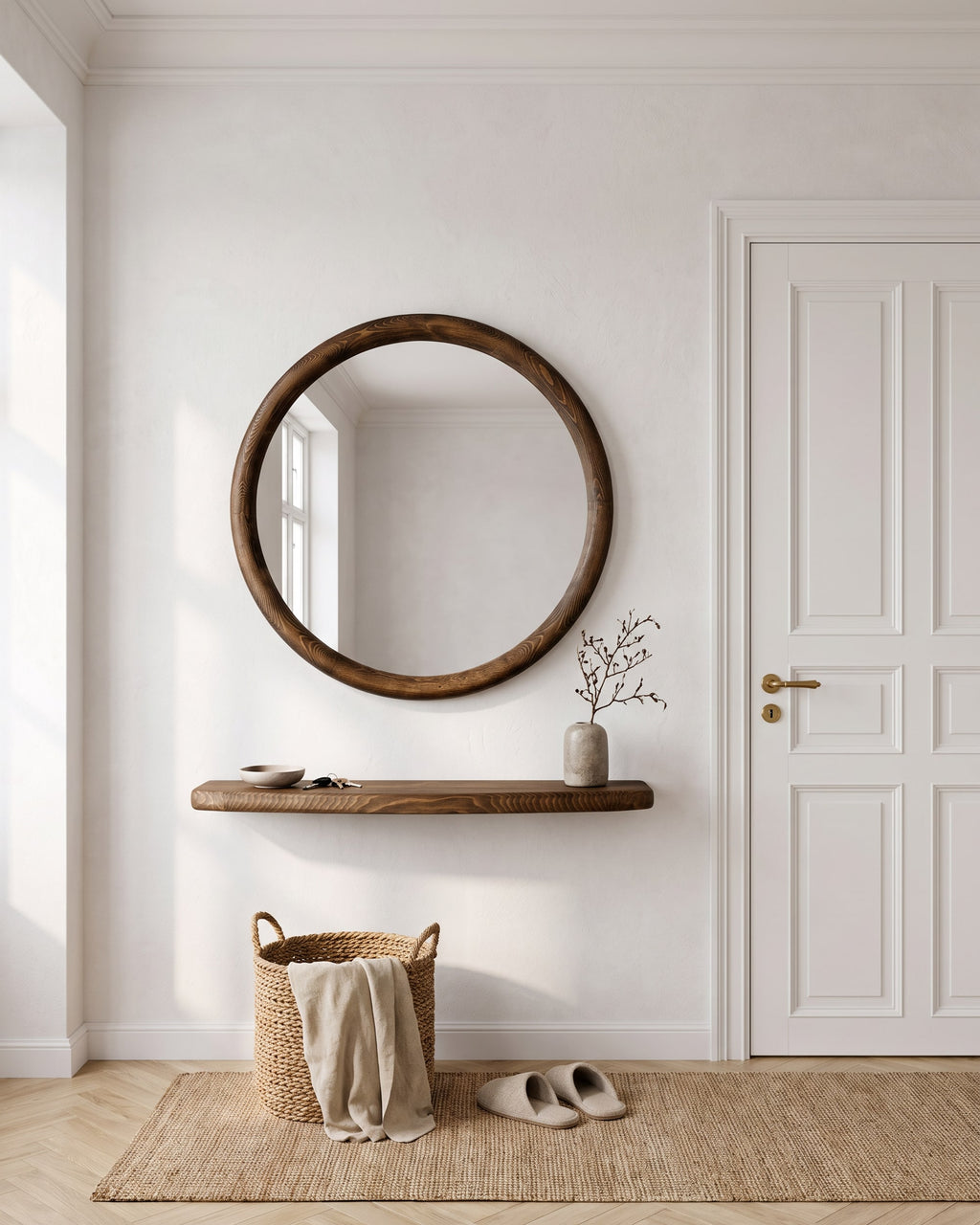 Mira round mirror with floating walnut shelf beside a panelled door, with a woven basket and slippers below