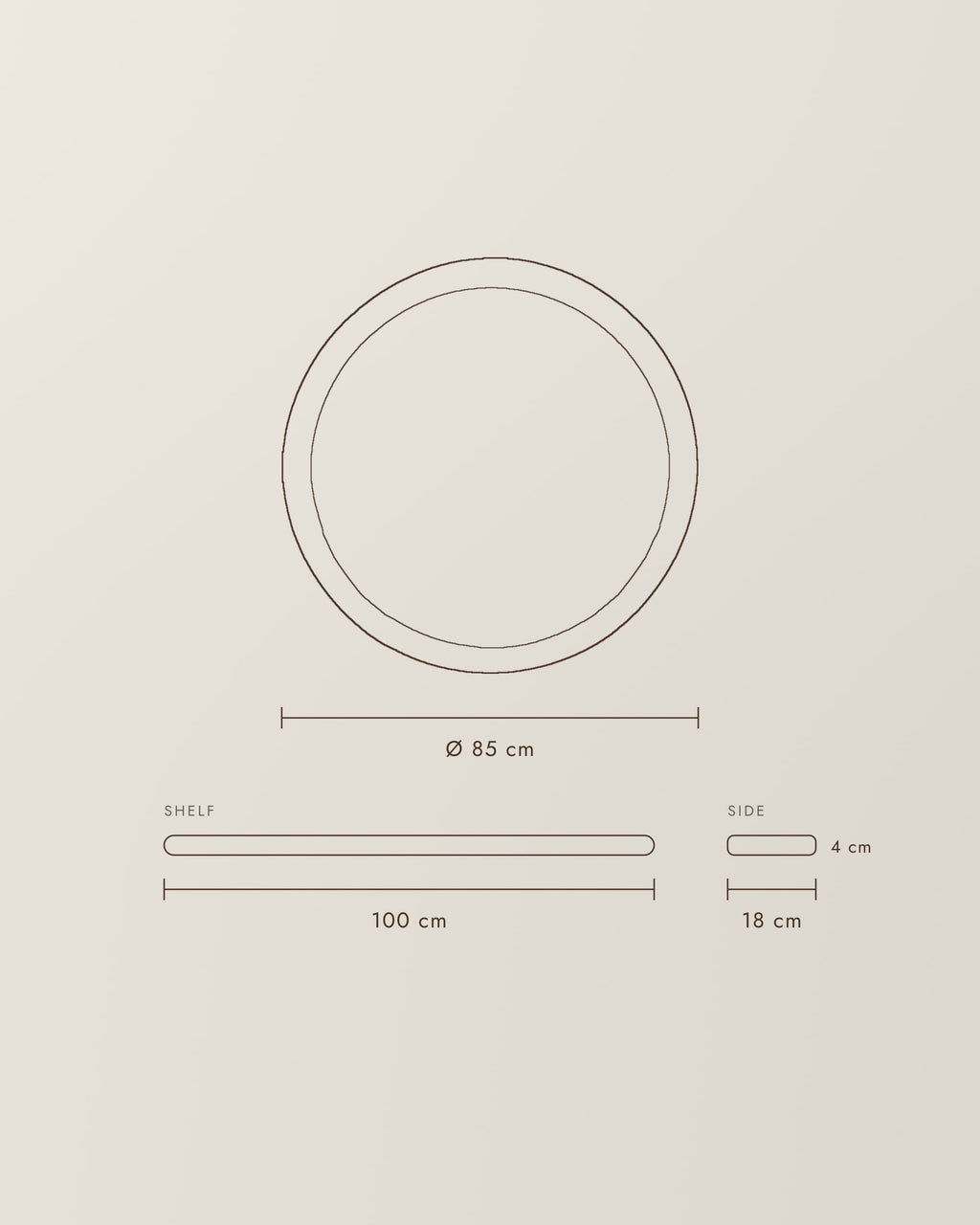 Mira Mirror with Shelf | Ø 85 cm – dimension drawing