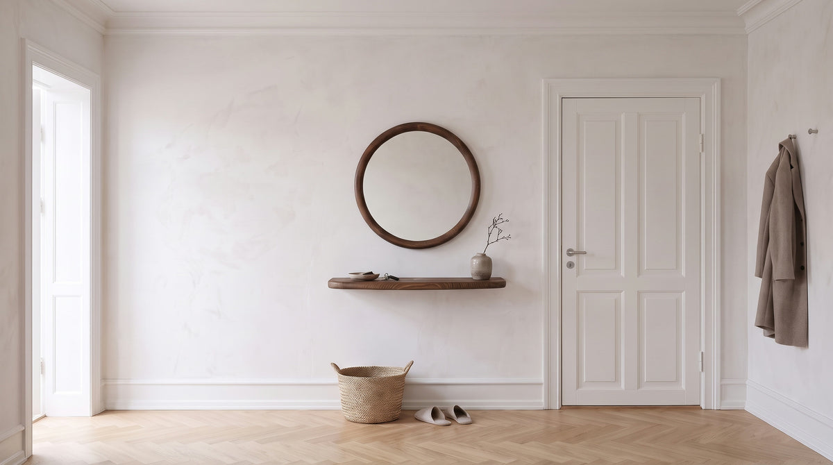 Bright entrance hall with a round walnut mirror above a floating walnut shelf next to a white panelled door